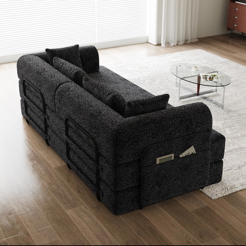 Chenille Floor Lounge Couch Convertible Sleeper Sofa Bed Folding Mattress with Cylindrical Pillow, Side Pocke and Metal Frame