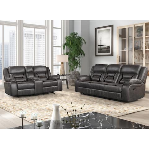Roundhill Furniture Elkton Manual Motion Reclining Sofa and Loveseat with Storage Console