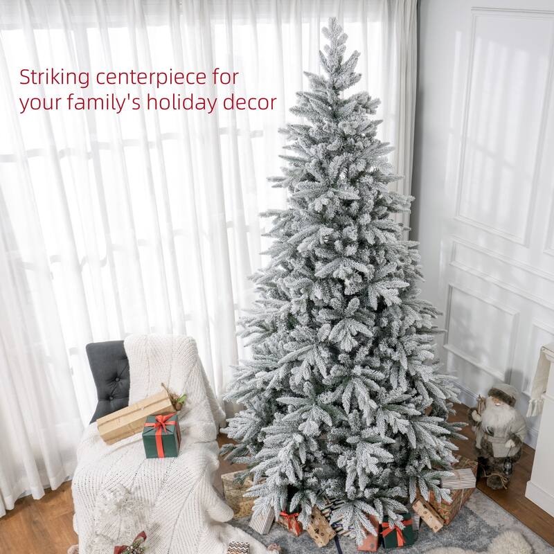 7FT/8FT Snow Flocked Christmas Tree with Realistic Branch Tips and Metal Stand