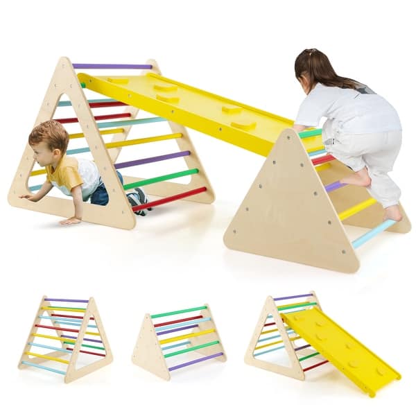 slide 2 of 9, Multicolor 3 Piece Wooden Pikler Triangle Set with Adjustable Ramp and Balance Board, 2 Climbing Triangles Multi-color