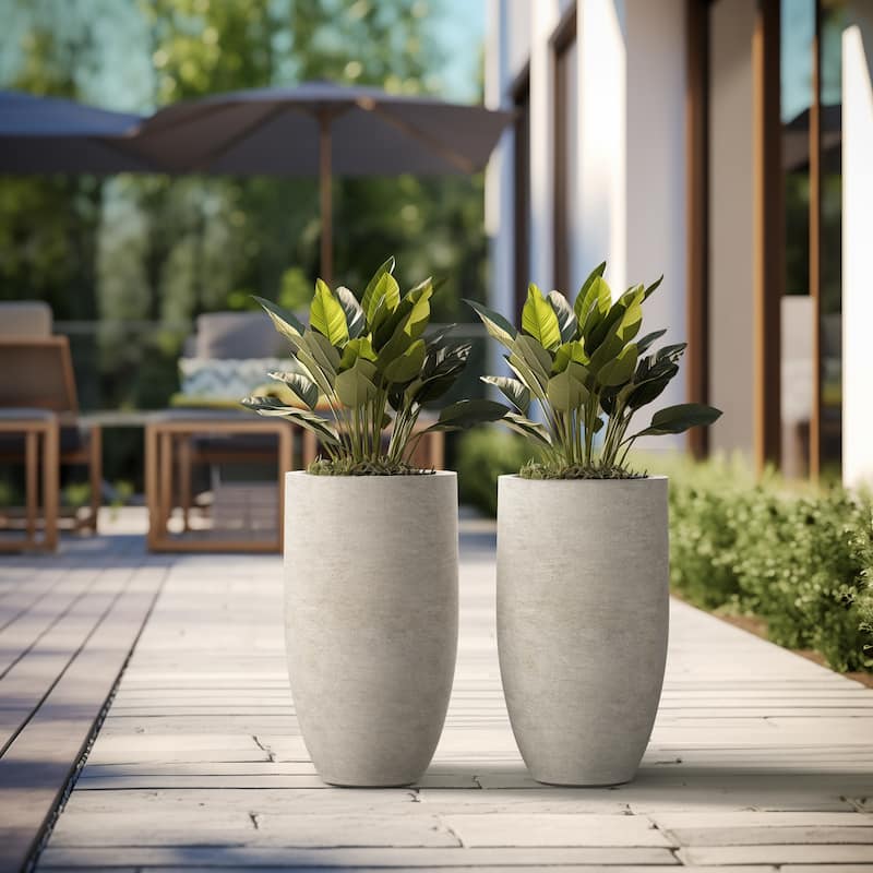 Textured Granite Gray Tall Concrete Round Plant Pots / Large Indoor and Outdoor flower Planters (13.5 Inch x 24.5 Inch) - 2 Piece Set (13.5 Inch Diameter) - Light Gray