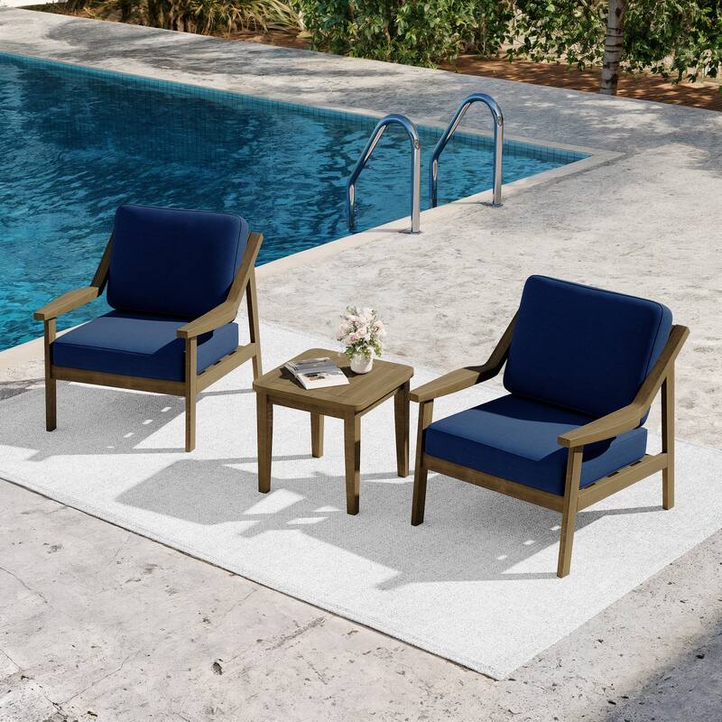 3-piece Teak Modern Cushioned Club Chairs Set Patio Bistro Set