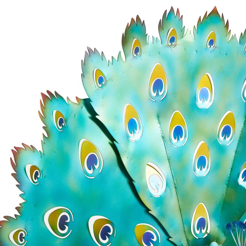 Metal Peacock Garden Sculpture with Gold Legs and Teal Wings - Blue - Roche River Decor