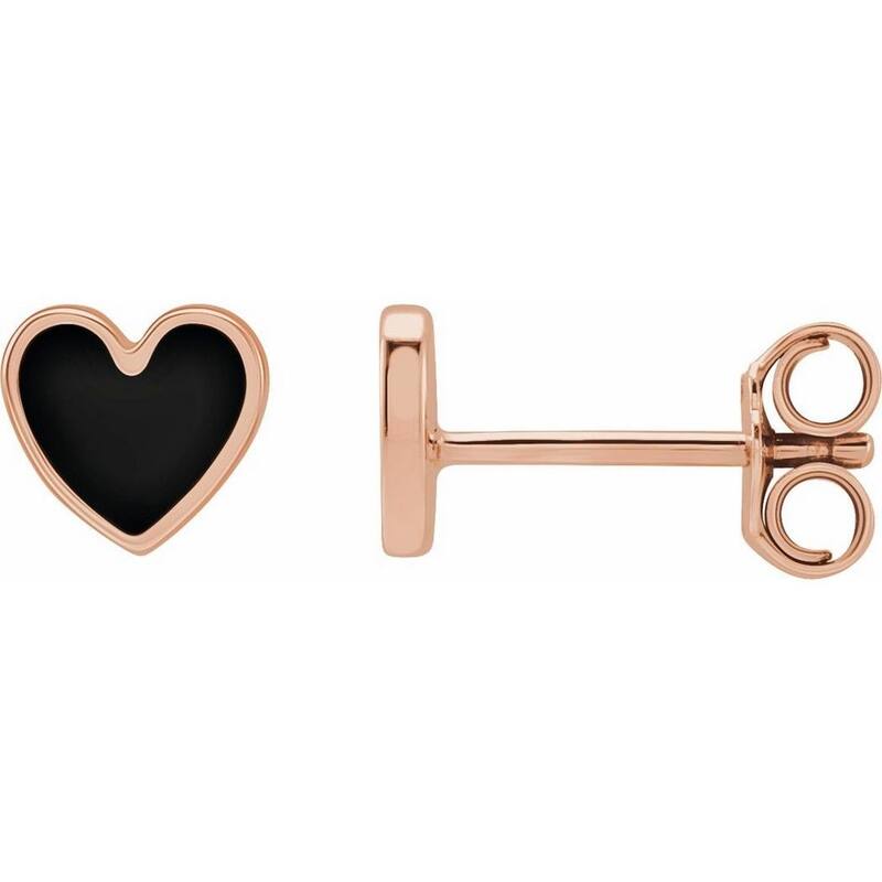 Curata 14k Rose Gold Polished Black Enameled Friction Back Love Heart Stud Earrings - 5.88x5.48mm