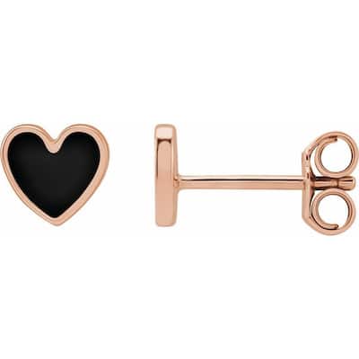 Curata 14k Rose Gold Polished Black Enameled Friction Back Love Heart Stud Earrings - 5.88x5.48mm