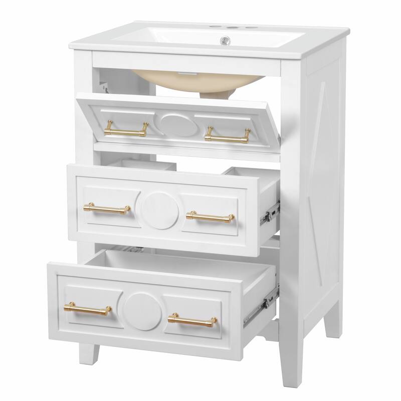 24" Bathroom Vanity with Ceramic Sink Combo, Free-Standing Single Vanity Set with 3 Drawers