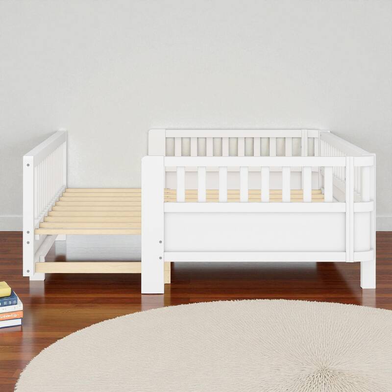 Convertible Twin/Twin XL Solid Wood Platform Bed with Guardrails, Expands to Double Twin or Queen Size, Durable Frame