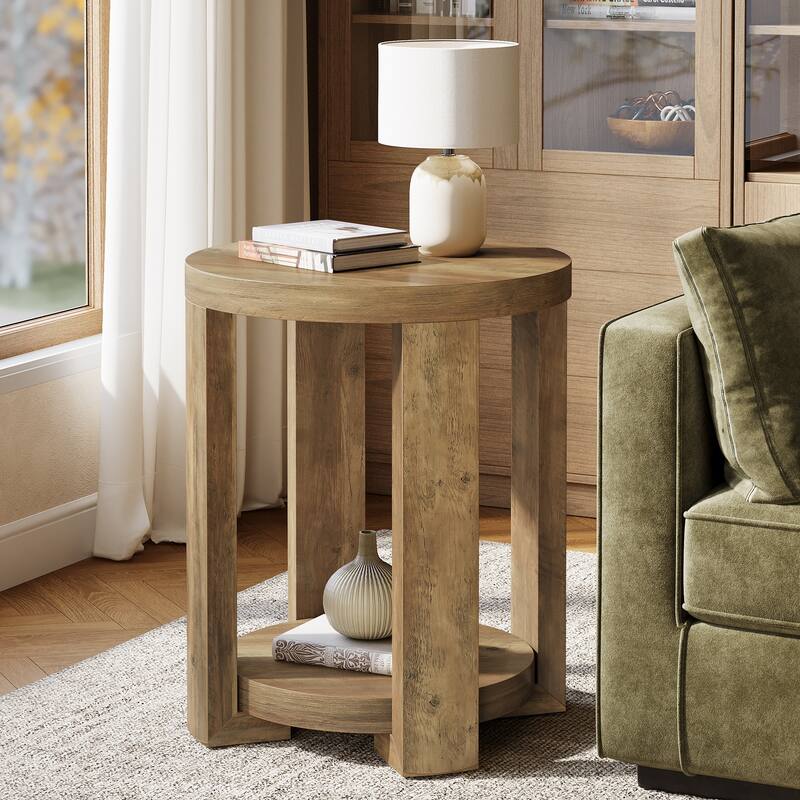 Round End,Side Table with Lower Shelf, Bedside Accent Furniture - Brown
