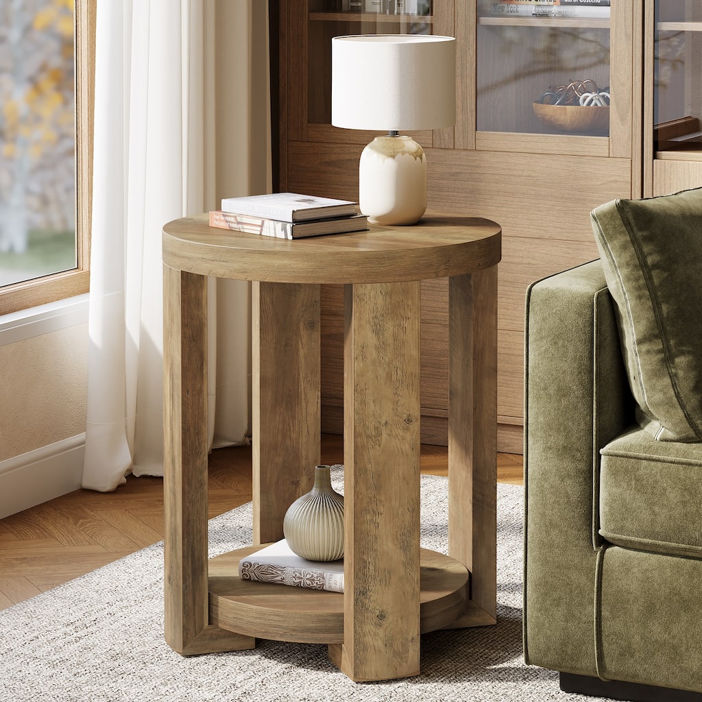 Round End,Side Table with Lower Shelf, Bedside Accent Furniture