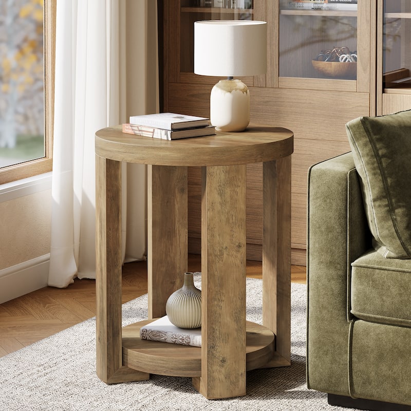 Round End Side Table, Small Bedside Accent Furniture for Living Room - Brown