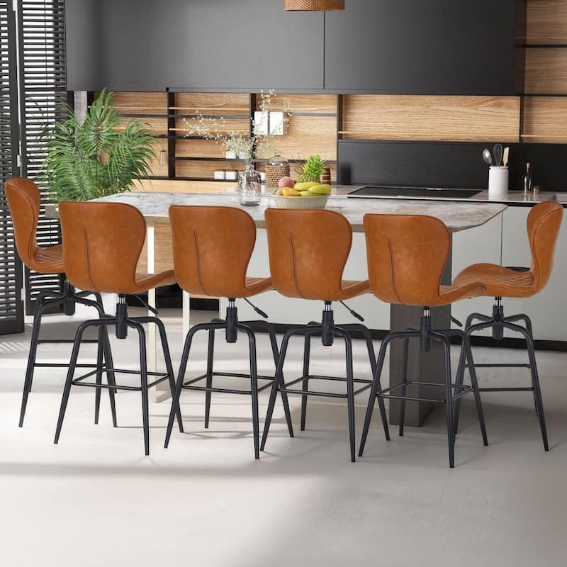 Javlergo 2/4/6-Piece Brown PU Leather Adjustable Height Bar Stools Armless Black Frame for Kitchen Island & Home Bar