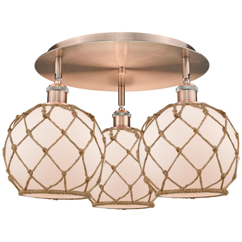 Innovations Lighting 516-3C-12-20 Farmhouse Rope Semi-Flush Farmhouse - Antique Copper / White Glass with Brown Rope