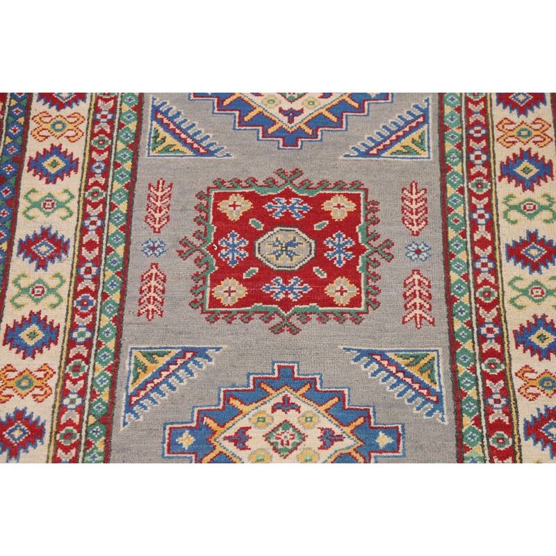 Gray Geometric Kazak Accent Rug Hand-Knotted Wool Carpet - 3'4" x 4'11"