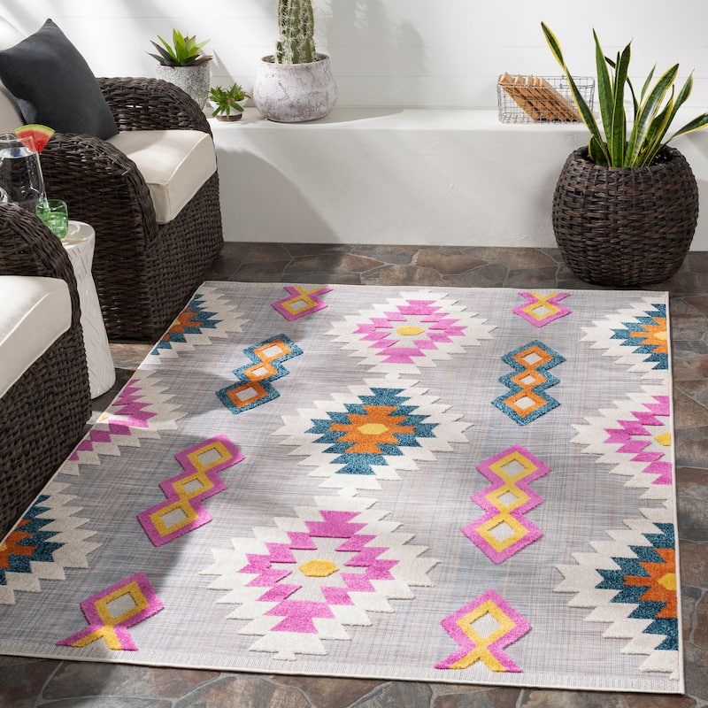 Avril Indoor/ Outdoor Southwestern Stripe Area Rug - 5'3" x 7' - Pink