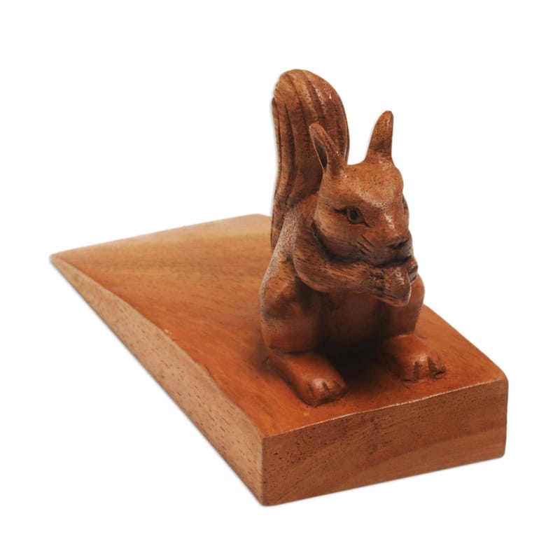 Novica Handmade Helpful Squirrel In Brown Wood Doorstop