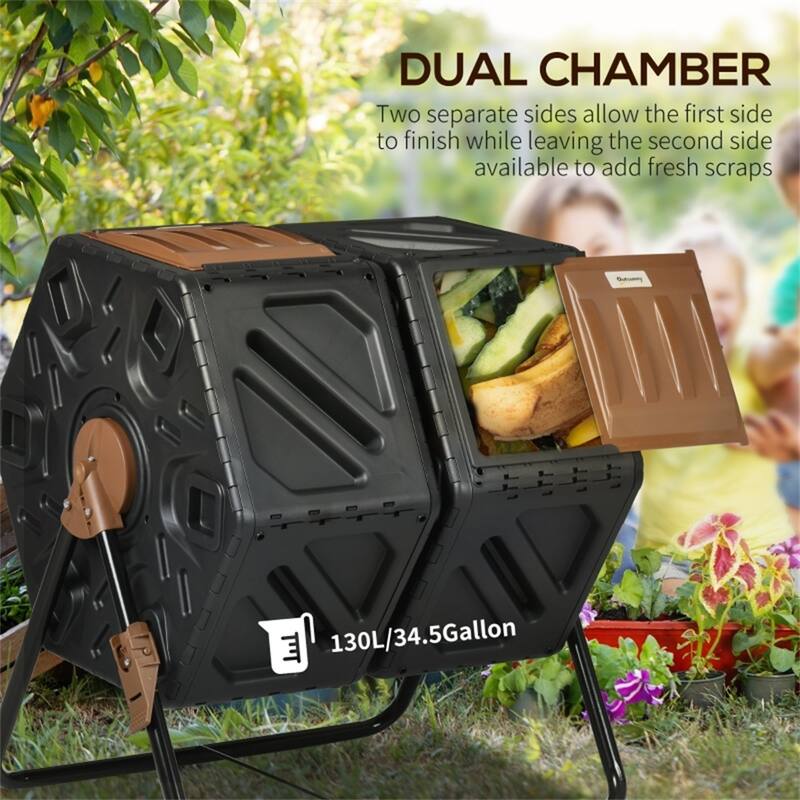 Two-Chamber Tumbling Compost Bin with 360 Rotation Design - 26.5" L x 23.5" W x 30.25" H