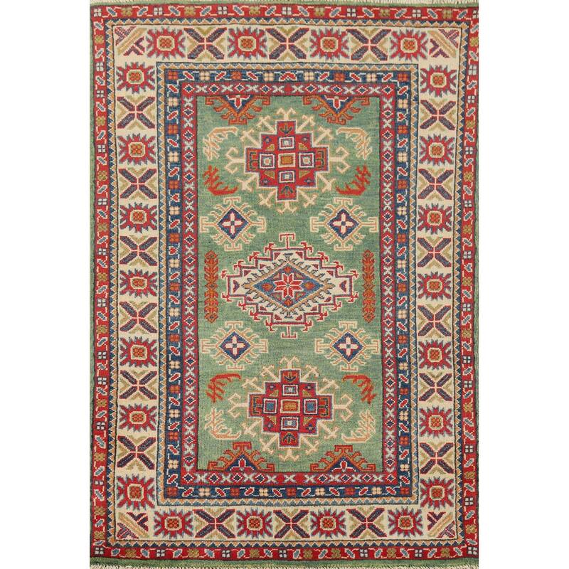 Green Geometric Kazak Foyer Rug Handmade Wool Carpet - 3'1" x 4'11"