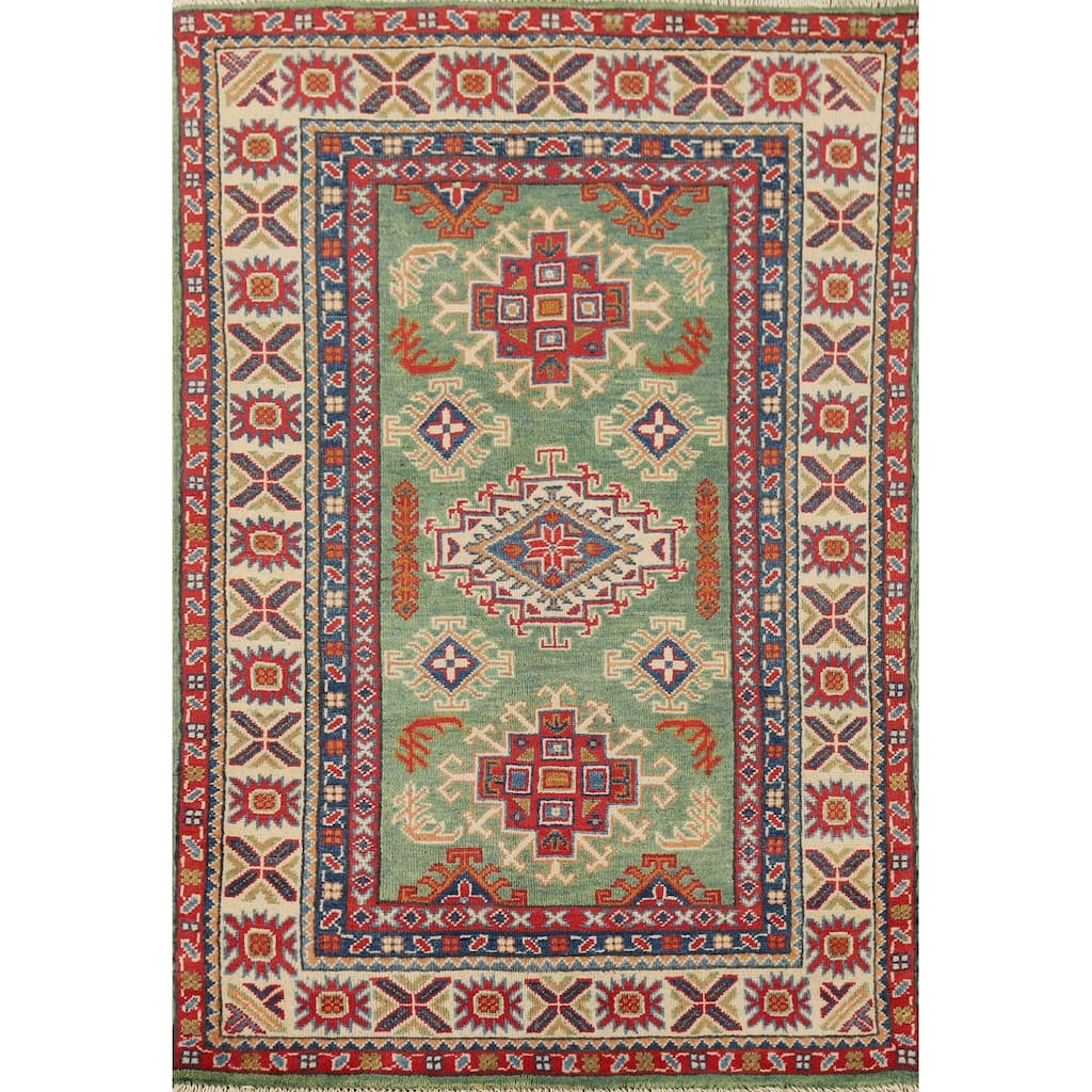 Green Geometric Kazak Foyer Rug Handmade Wool Carpet - 3'1" x 4'11"