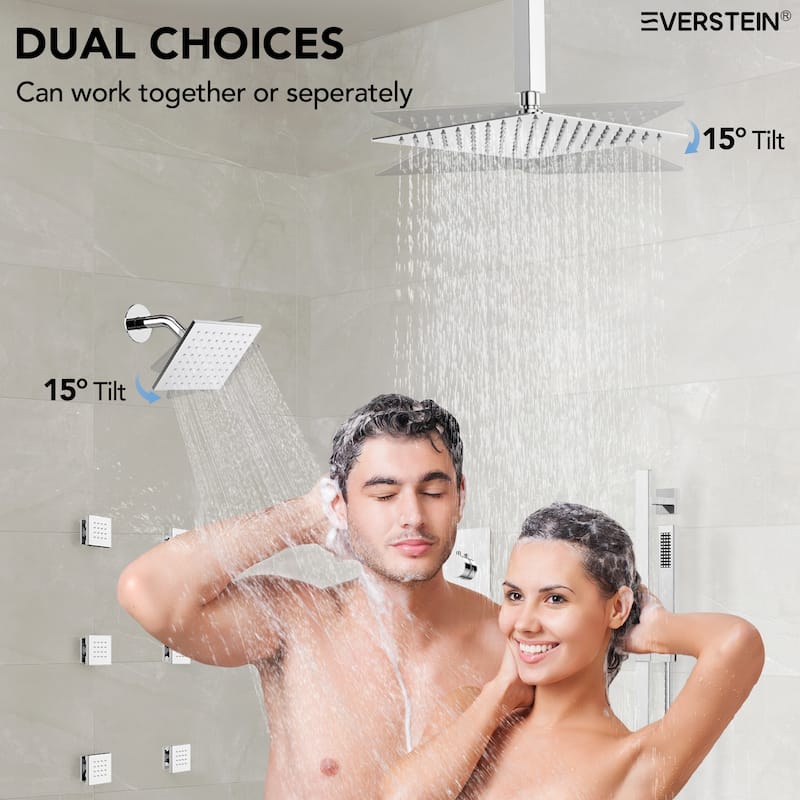 Thermostatic Rainfall Shower System with Handheld Spray, 16" & 6" Dual Shower Head and 6 Body Jets