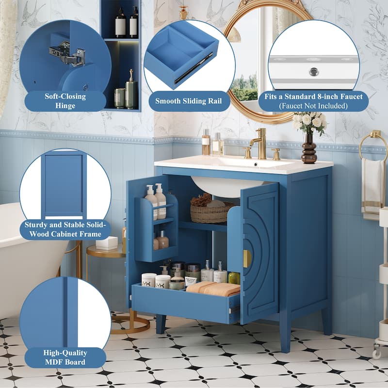 30" Bathroom Vanity with Sink, Blue Mid-Century Storage Cabinet, Soft-Close Doors, 1 Drawer & Adjustable Shelf