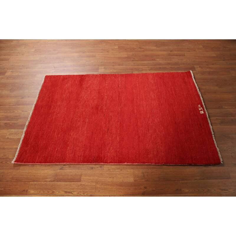 Modern Red Gabbeh Oriental Rug Hand-Knotted Wool Carpet - 3'1" x 4'10"