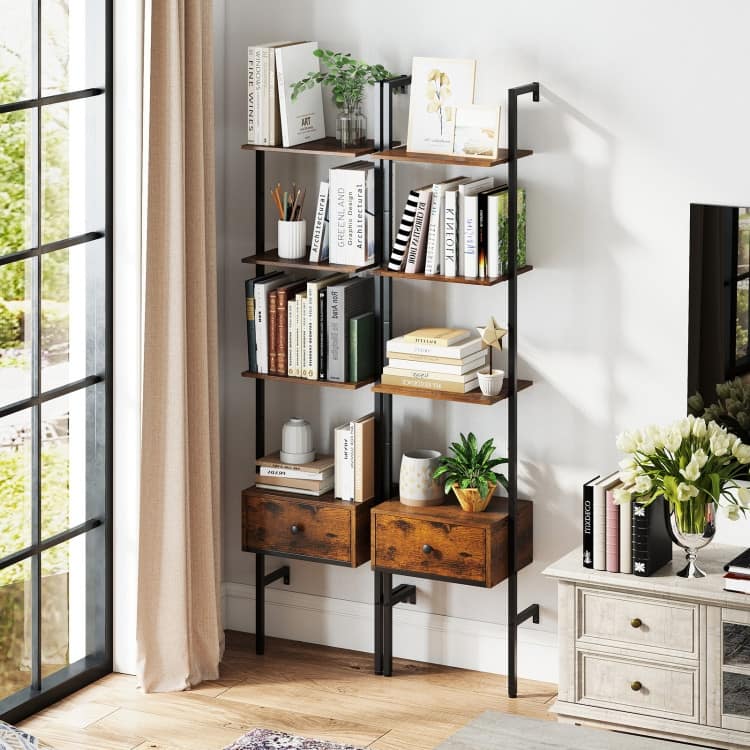 Rustic Brown Engineered Wood Ladder Bookshelf with Metal Drawer - Rustic Brown
