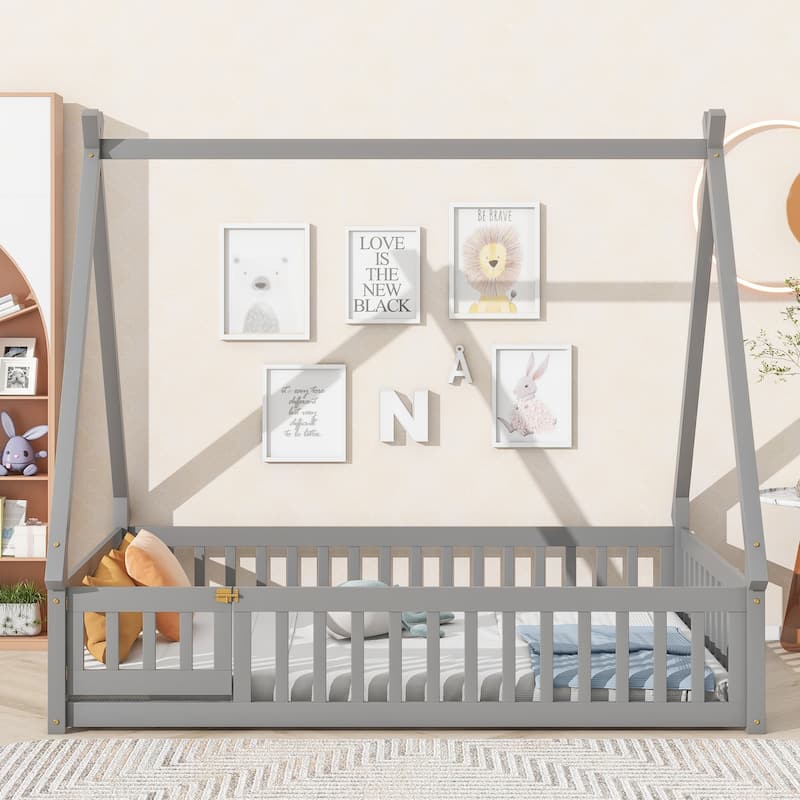 Grey Full Wood Tent-Shaped Floor Bed with Guardrails