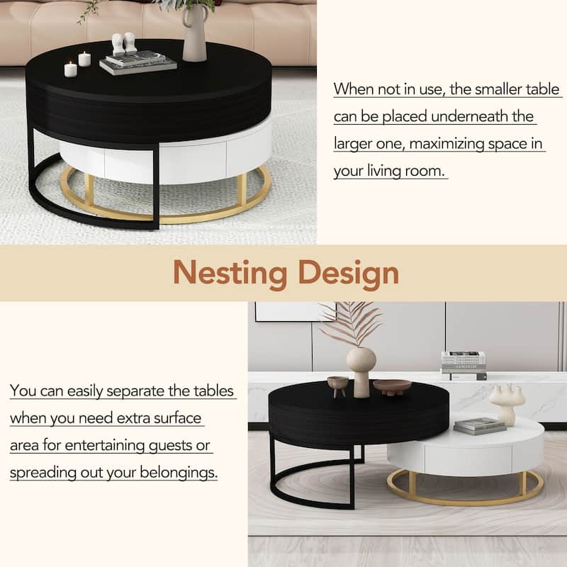 Round Lift-top Nesting Coffee Table w/ 2 Drawer & Metal Frame, Modern Nesting Table Set of 2, Luxury Accent Side Table End Table