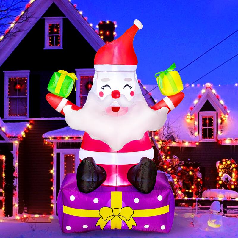 Inflatable Santa Claus with Gift Boxes,Christmas Outdoor Decorations, Blow Up Yard Decor with Built,in LED Lights, Tethers