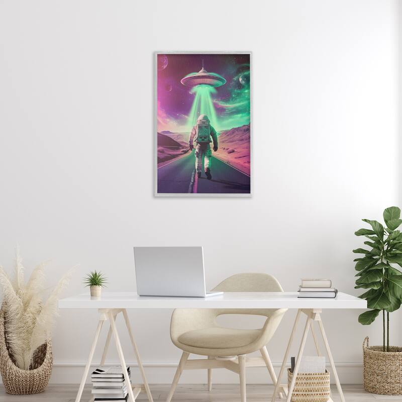 Stupell Astronaut Walking Toward UFO Framed Giclee Art Design By Wumples