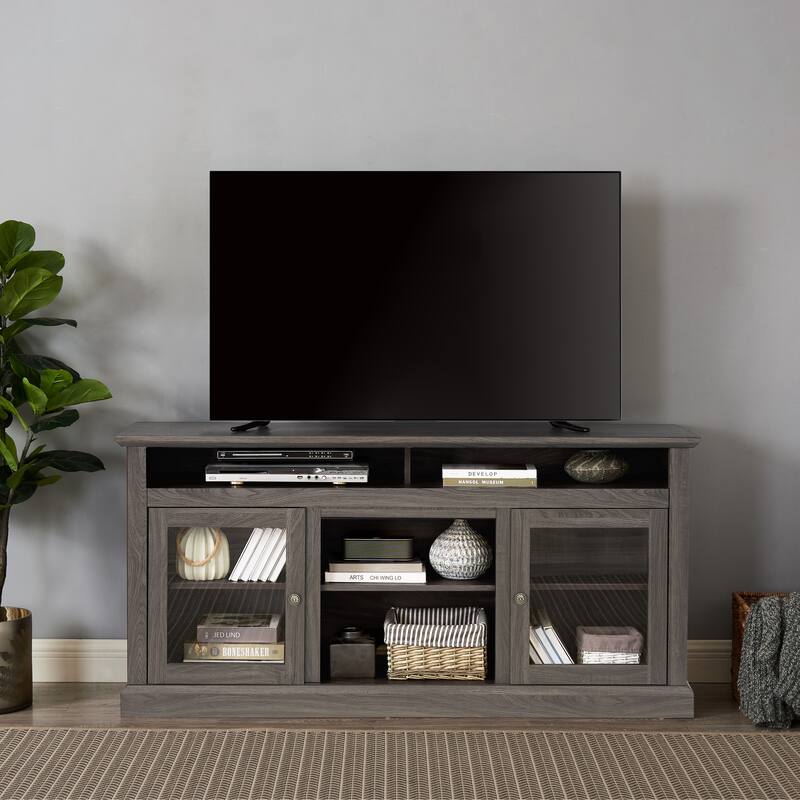 Modern TV Stand Media Stand Modern Entertainment Console for TV Up to 65" with Glass Door Open and Closed Storage Space