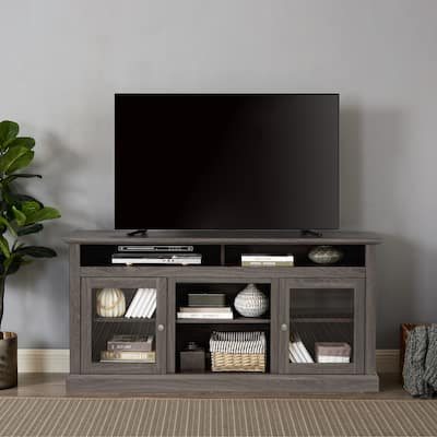 TV Stand with Cable Management Cutouts, Console Table with Open Shelves, Entertainment Center with 2 Glass Door