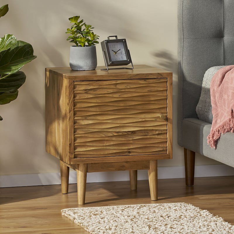 Boho Carved Acacia Wood Nightstand Side Cabinet Bedside Table, Natural