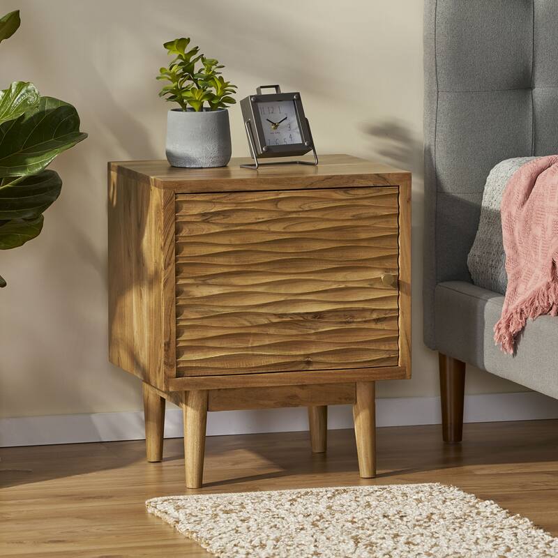 Handcrafted Acacia Wood Nightstand with Carved Texture and Tapered Legs - Natural