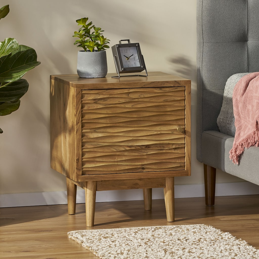 Handcrafted Acacia Wood Nightstand with Carved Texture and Tapered Legs