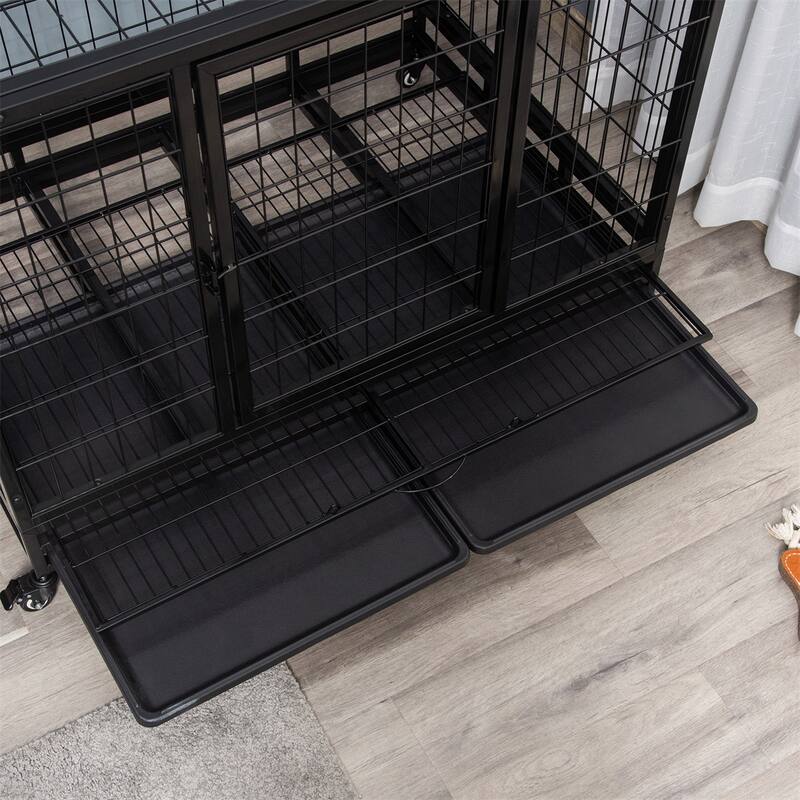 Black Metal Dog Crate with Front and Top Access Slide-Out Tray and Lockable Rolling Wheels