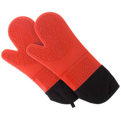 Silicone Oven Mitts – Extra Long Heat Resistant with Quilted Lining and 2-sided Textured Grip – 1 pair Red by Lavish Home