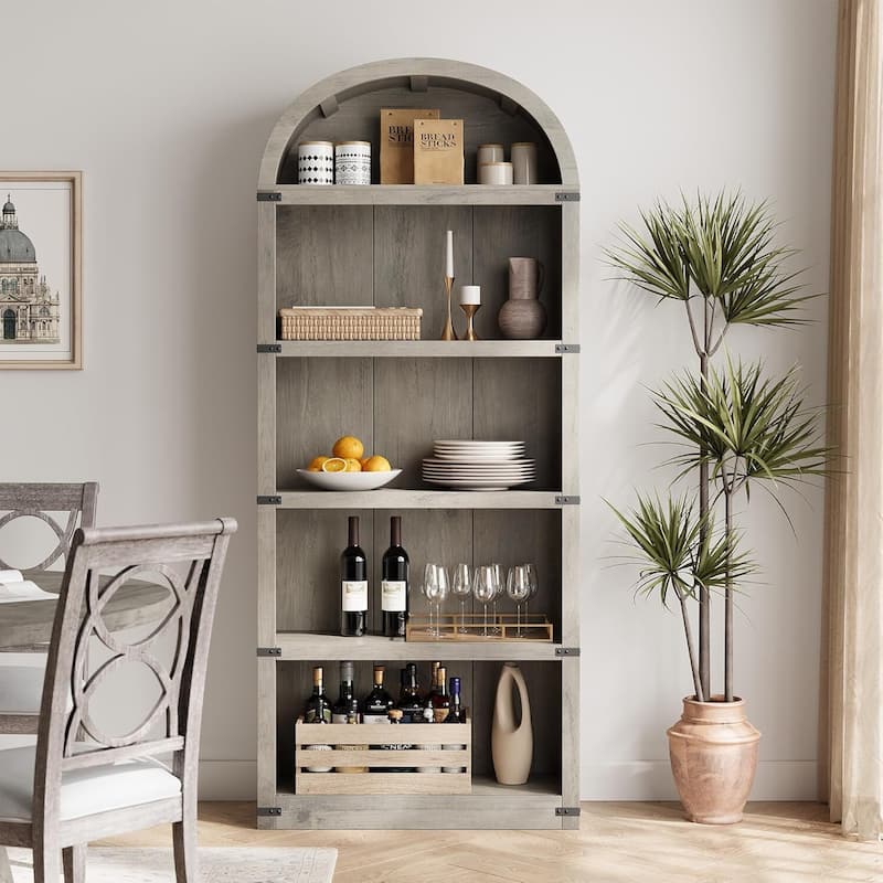 71.65" Tall Farmhouse 5-Tier Arched Bookcase, Display Storage Shelf - N/A - Grey