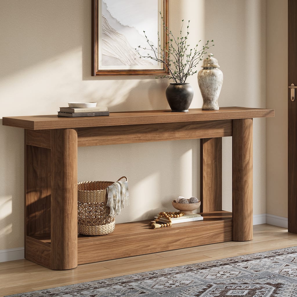 63-Inch Console Table, Wood Sofa Table Behind Couch, 2-Tier Entryway Table for Hallway, Foyer, Living Room