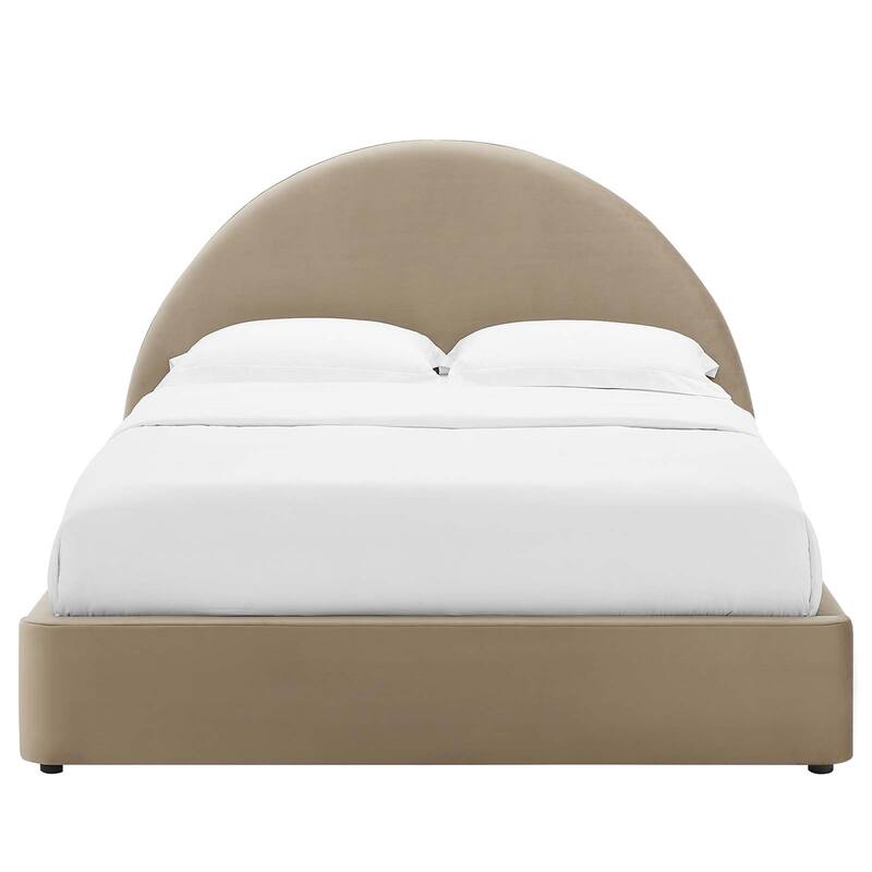 Palmetto Modern Round Headboard Taupe Velvet Upholstered King Size Platform Bed