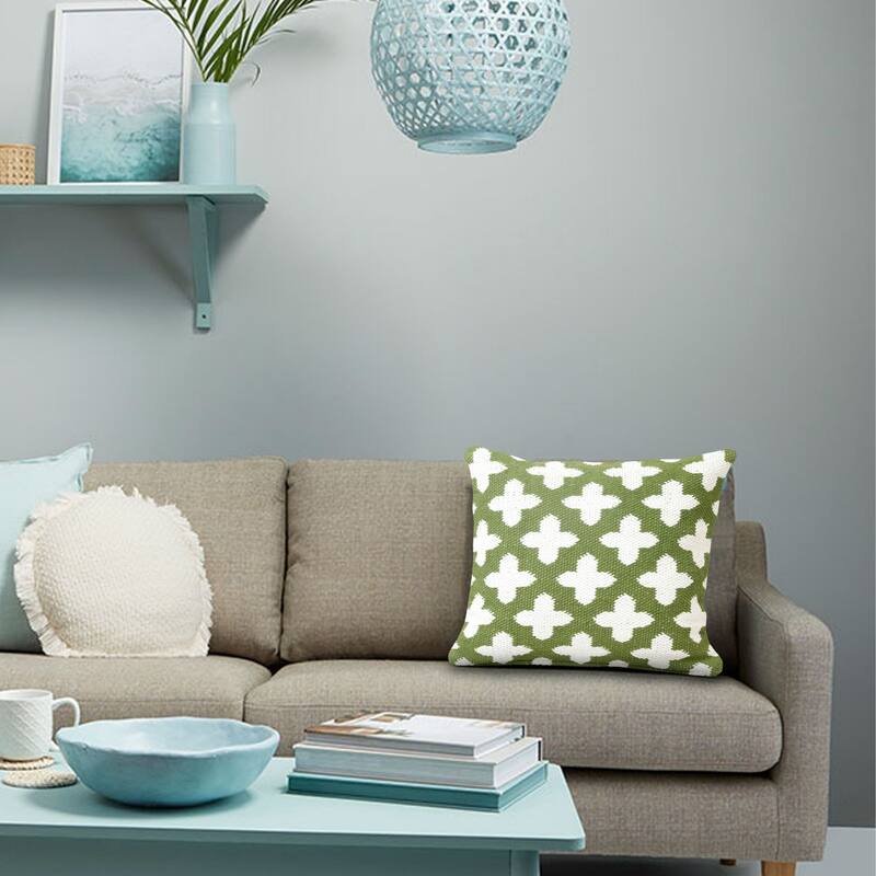 20" Green and White Swiss Cross Geometric Square Throw Pillow