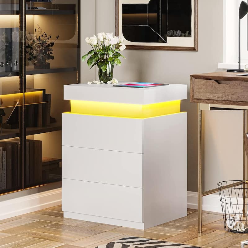 Bedroom Nightstand Charging Station LED Lights Sliding Top 3 Drawers