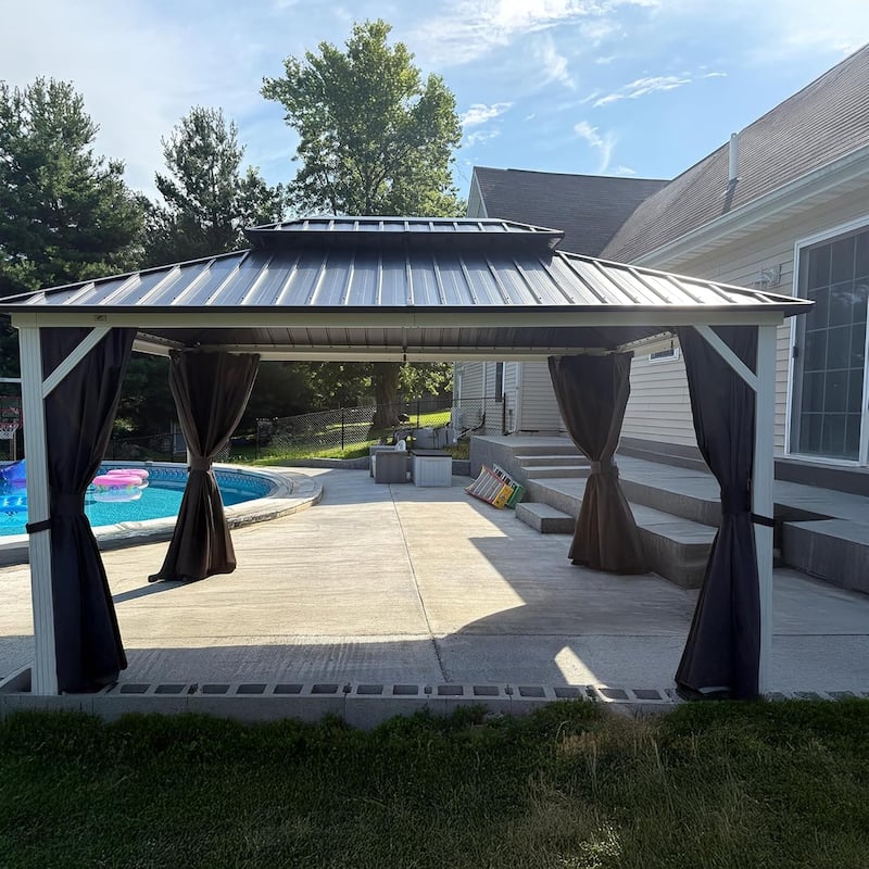 PURPLE LEAF Patio Hardtop Gazebo for Outdoor Grey Galvanized Steel Double Roof White Aluminum Poles