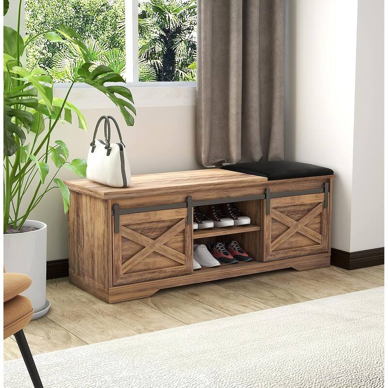 47" Farmhouse Shoe Bench with Padded Cushion, 2-Tier Shoe Storage Cabinet for Entryway - 47.24'x 15.35'x 17.72'