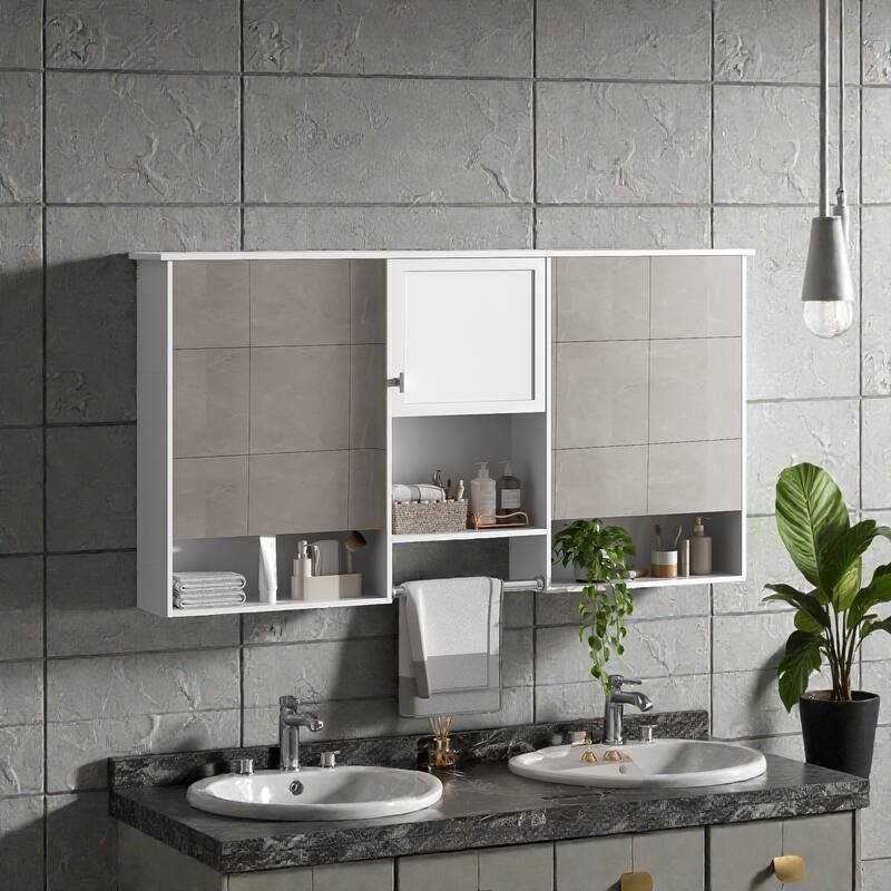 55 Inch Wall Mounted Mirror Cabinet with Adjustable Shelf, Soft Close Hinges, Bathroom Storage Organizer