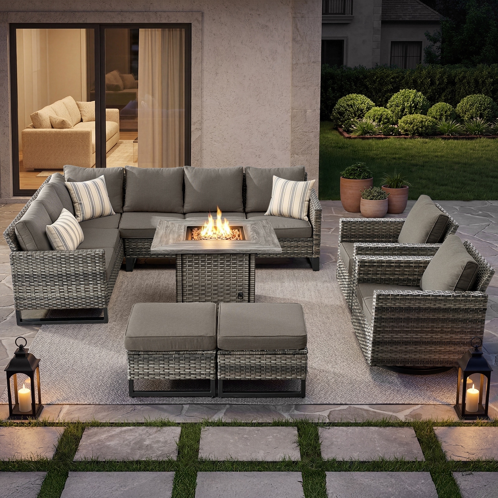 Pocassy Sectional Sofa with Fire Pit Table Conversation Set.