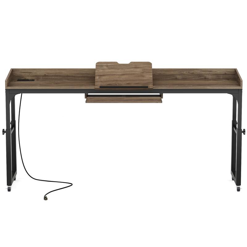 35.4" to 43.3" Height Adjustable Overbed Table with Wheels, 70.8" Queen Size Mobile Laptop Desk, Built-in Outlets & USB Ports
