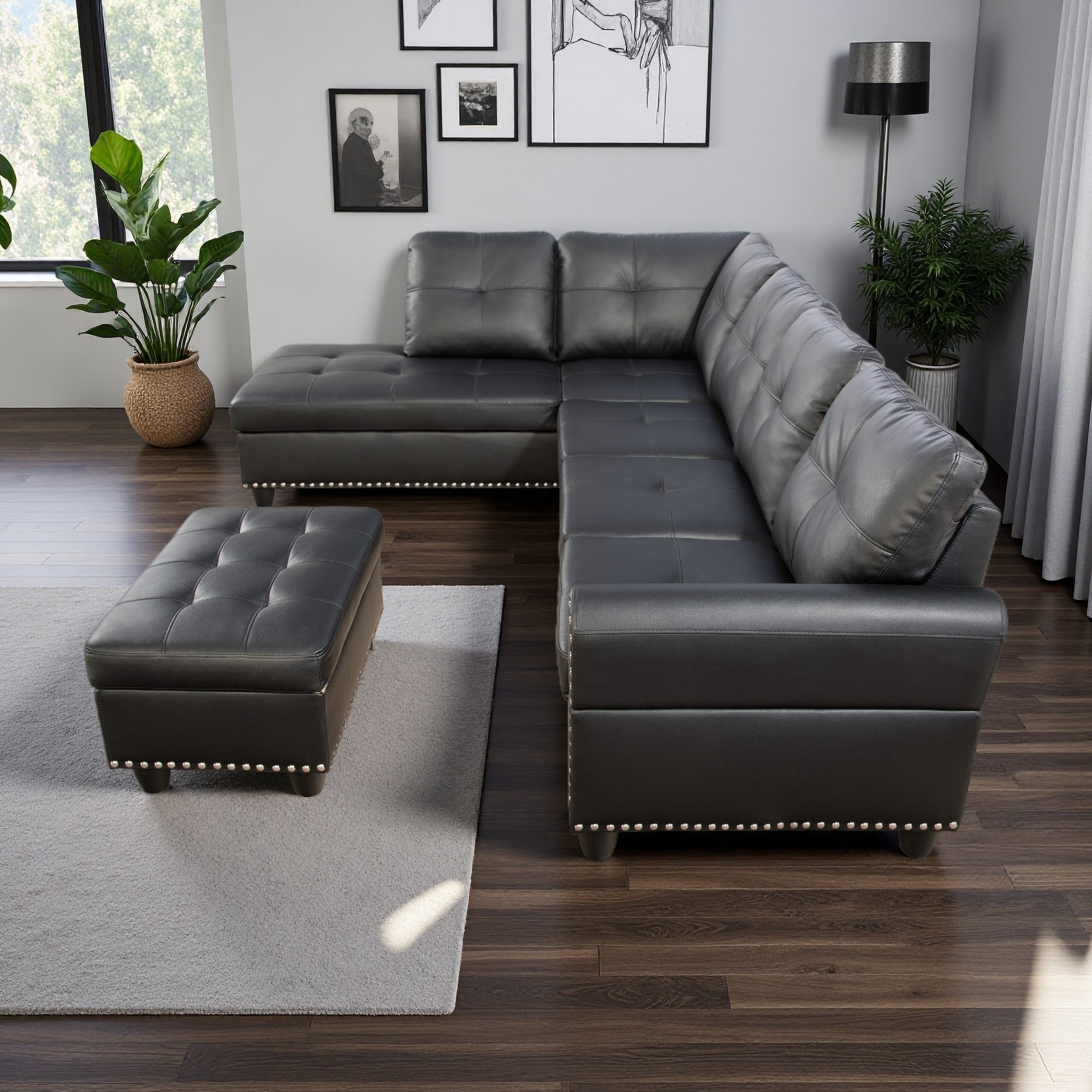 98" Faux Leather L-Shaped Sectional Sofa with Storage Ottoman and Cup Holders