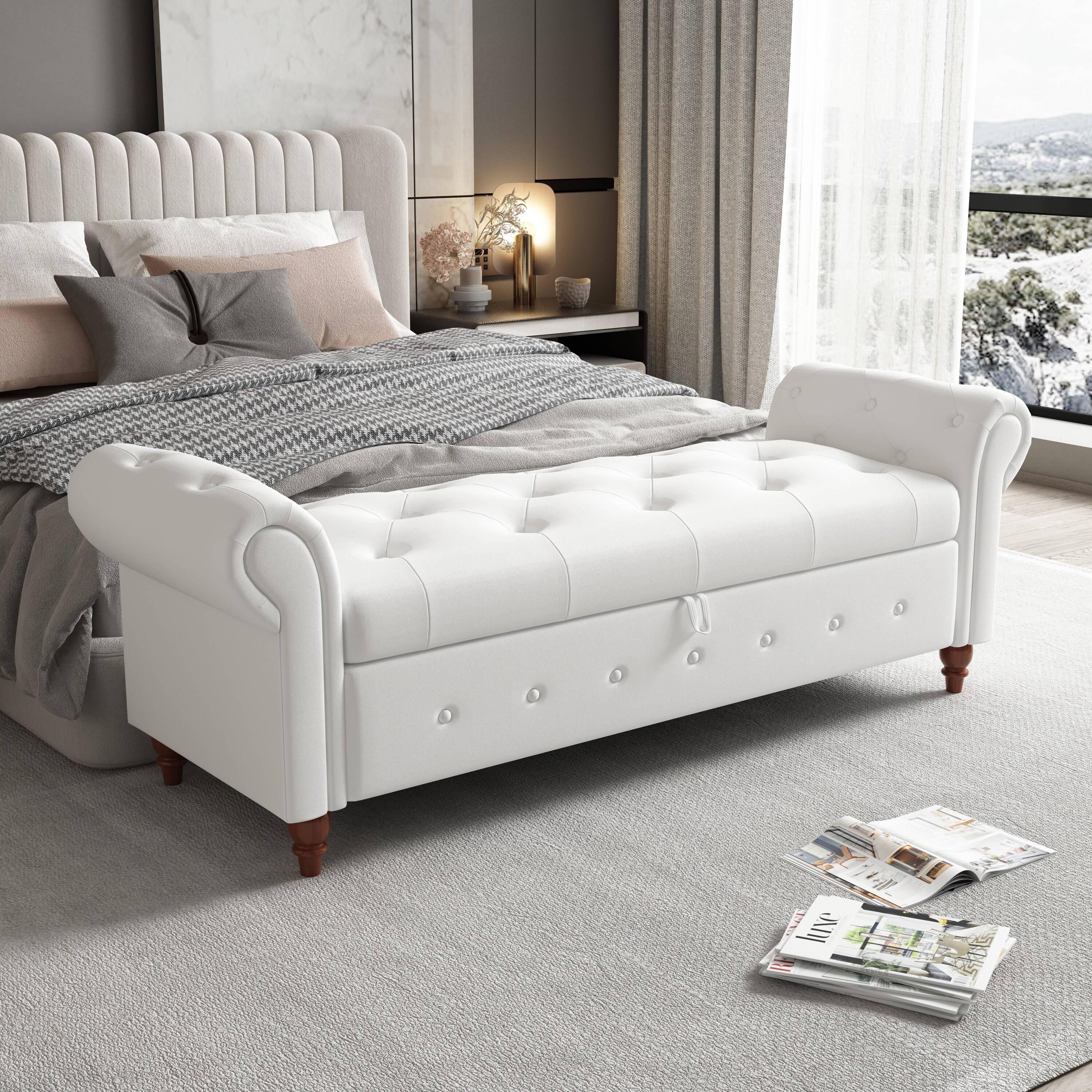 Rolled Arms Button Tufted Storage Bench for Bedroom On Sale