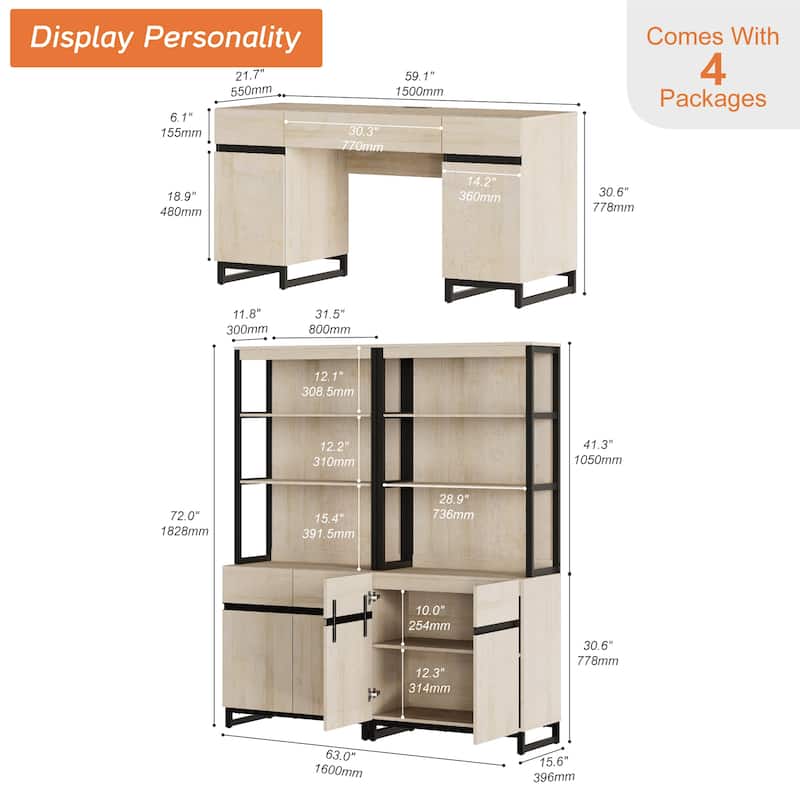 WAMPAT 59" Modern Executive Desk with Charging Station & Storage Cabinet + 72" Tall Bookcases.